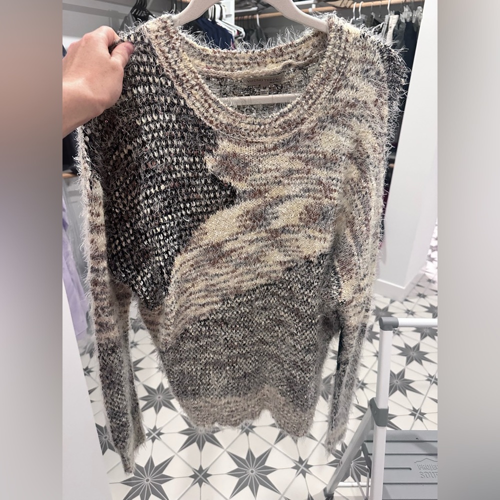 Gray and Cream Crew Neck Sweater with Mixed Knit Pattern